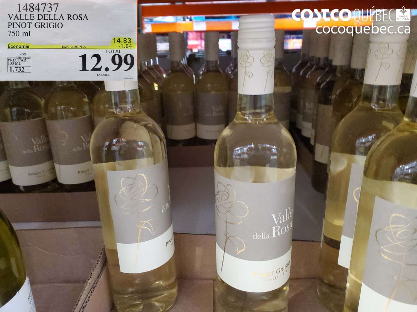 1484737 VALLE DELLA ROSA PINOT GRIGIO ($1.84 INSTANT SAVINGS EXPIRES ON 2026-09-27) $12.99