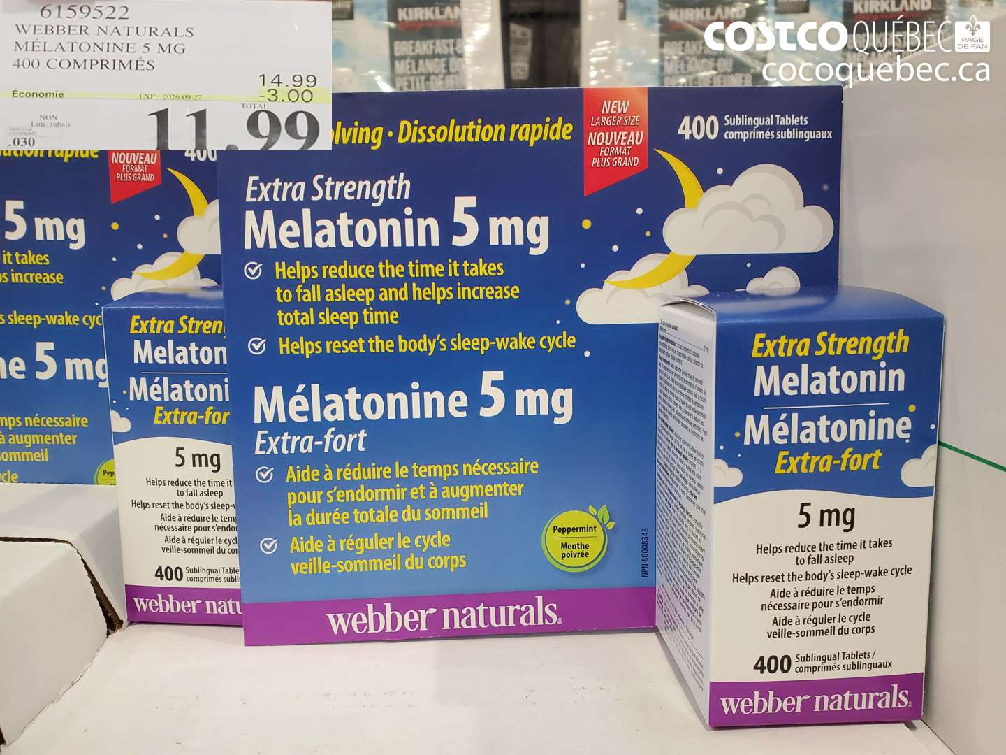 6159522 WEBBER NATURALS MELATONINE 5 MG 400 COMPRIMÉS ($3.00 INSTANT SAVINGS EXPIRES ON 2026-09-27) $11.99