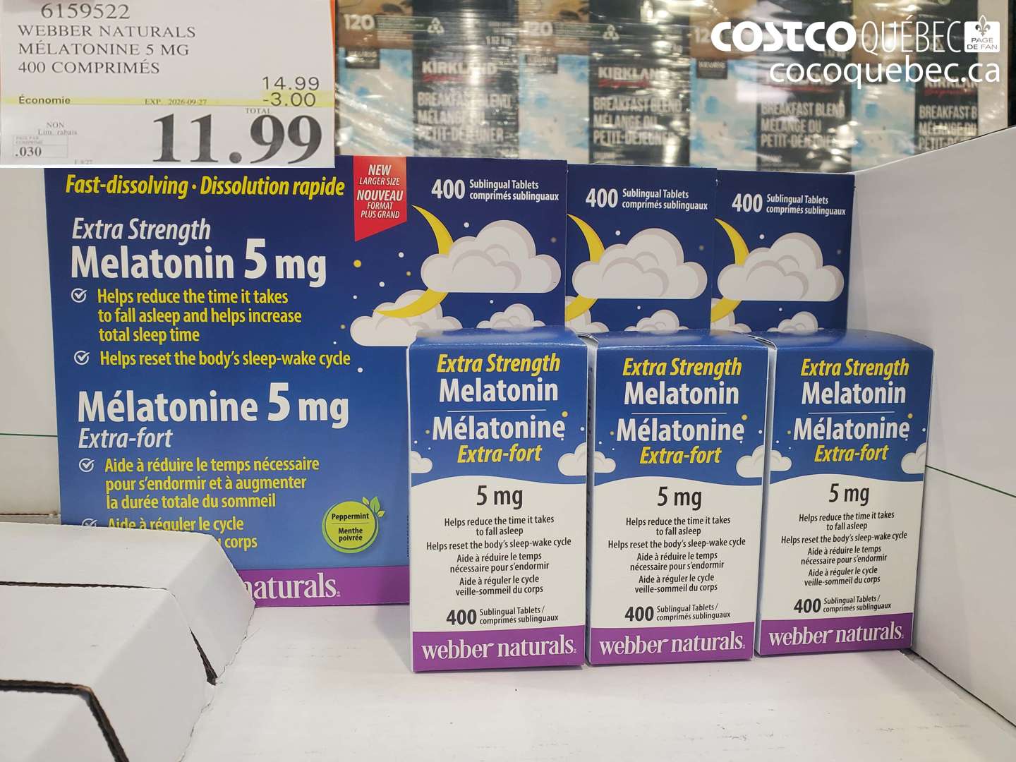 6159522 WEBBER NATURALS MÉLATONINE 5 MG 400 COMPRIMÉS ($3.00 INSTANT SAVINGS EXPIRES ON 2026-09-27) $11.99
