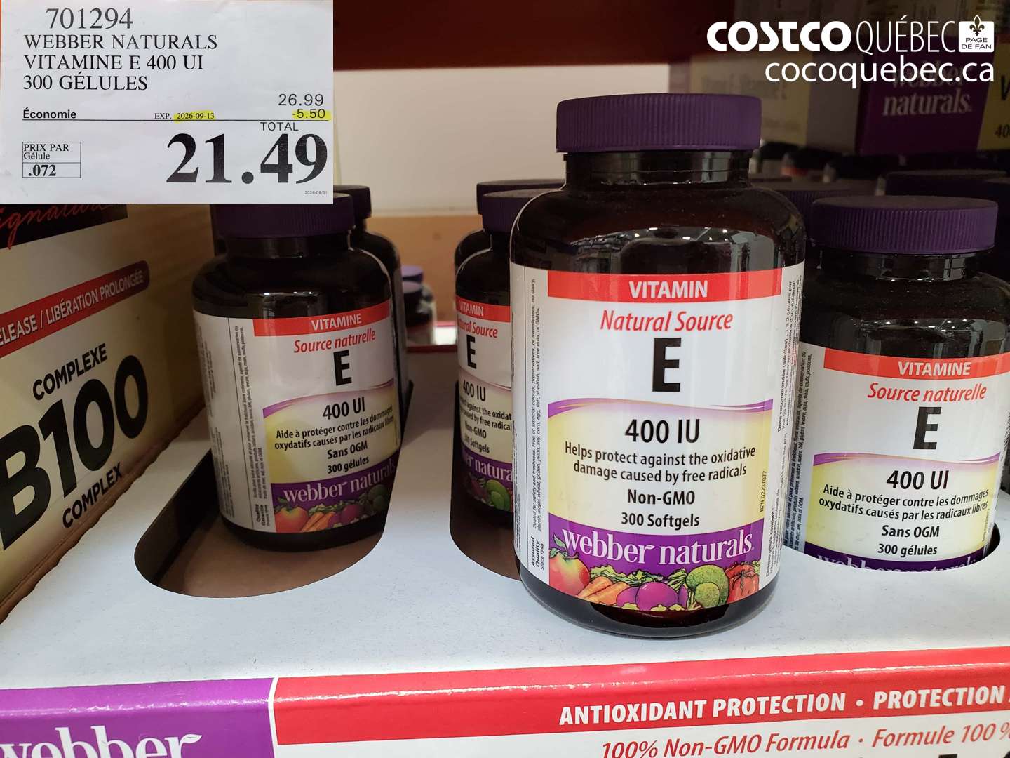701294 WEBBER NATURALS VITAMINE E 400 UI 300 GÉLULES ($5.50 INSTANT SAVINGS EXPIRES ON 2026-09-13) $21.49