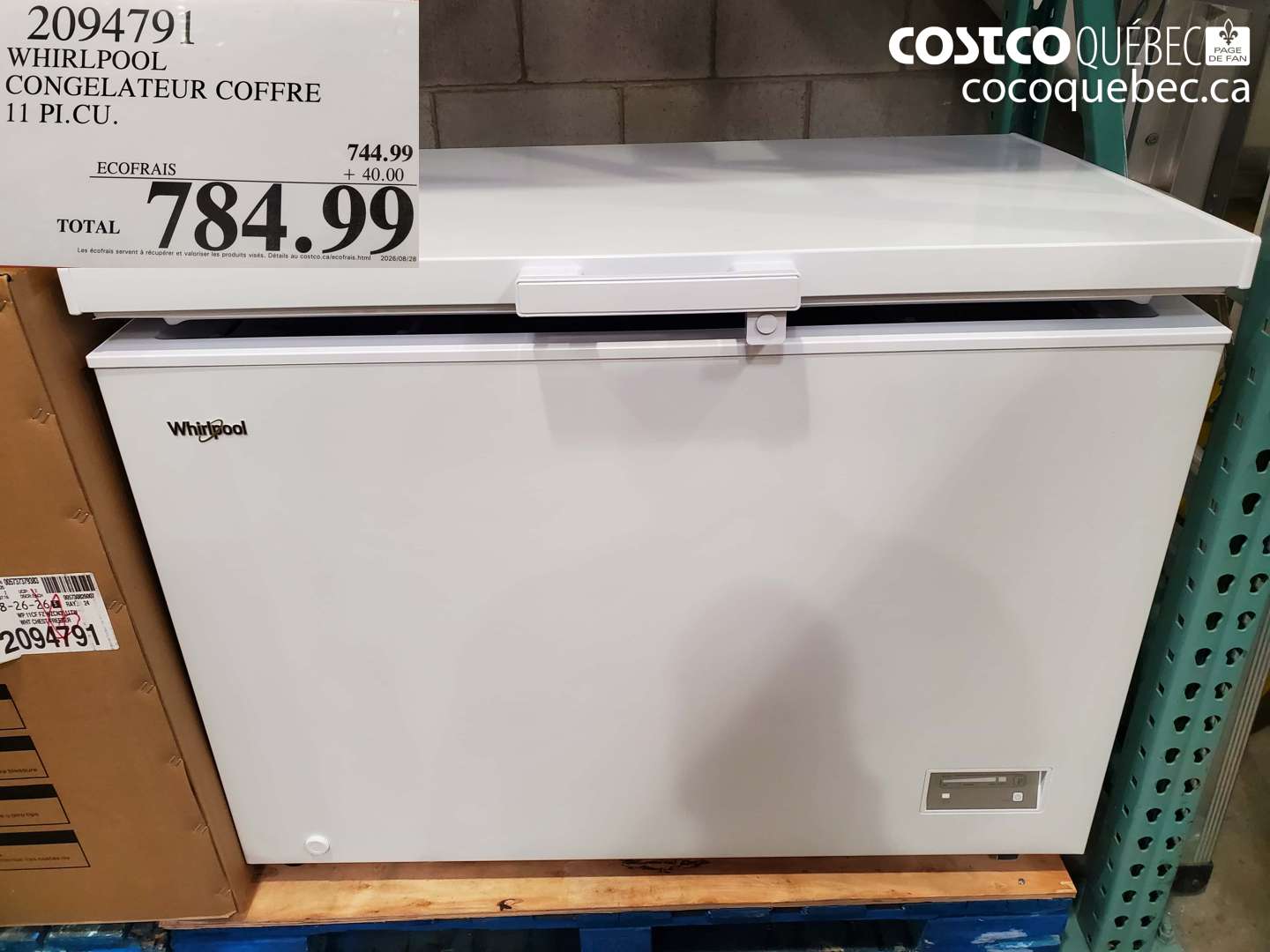 2094791 WHIRLPOOL CONGELATEUR COFFRE 11 PI.CU. $784.99