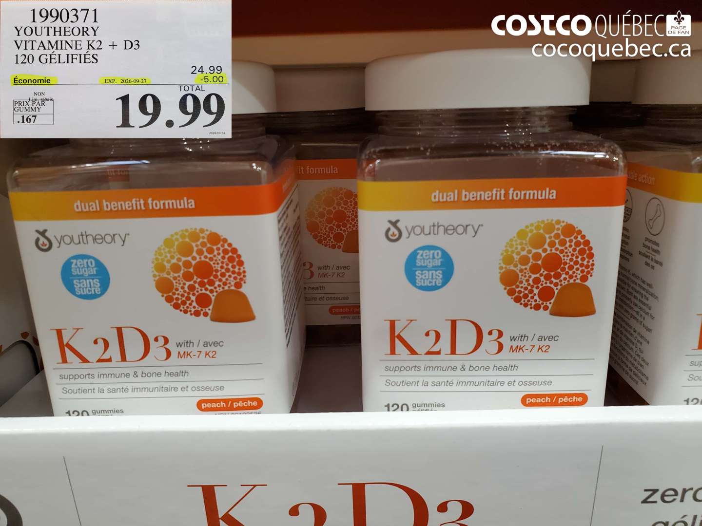 1990371 YOUTHEORY VITAMINE K2 + D3 120 GÉLIFIÉS ($5.00 INSTANT SAVINGS EXPIRES ON 2026-09-27) $19.99