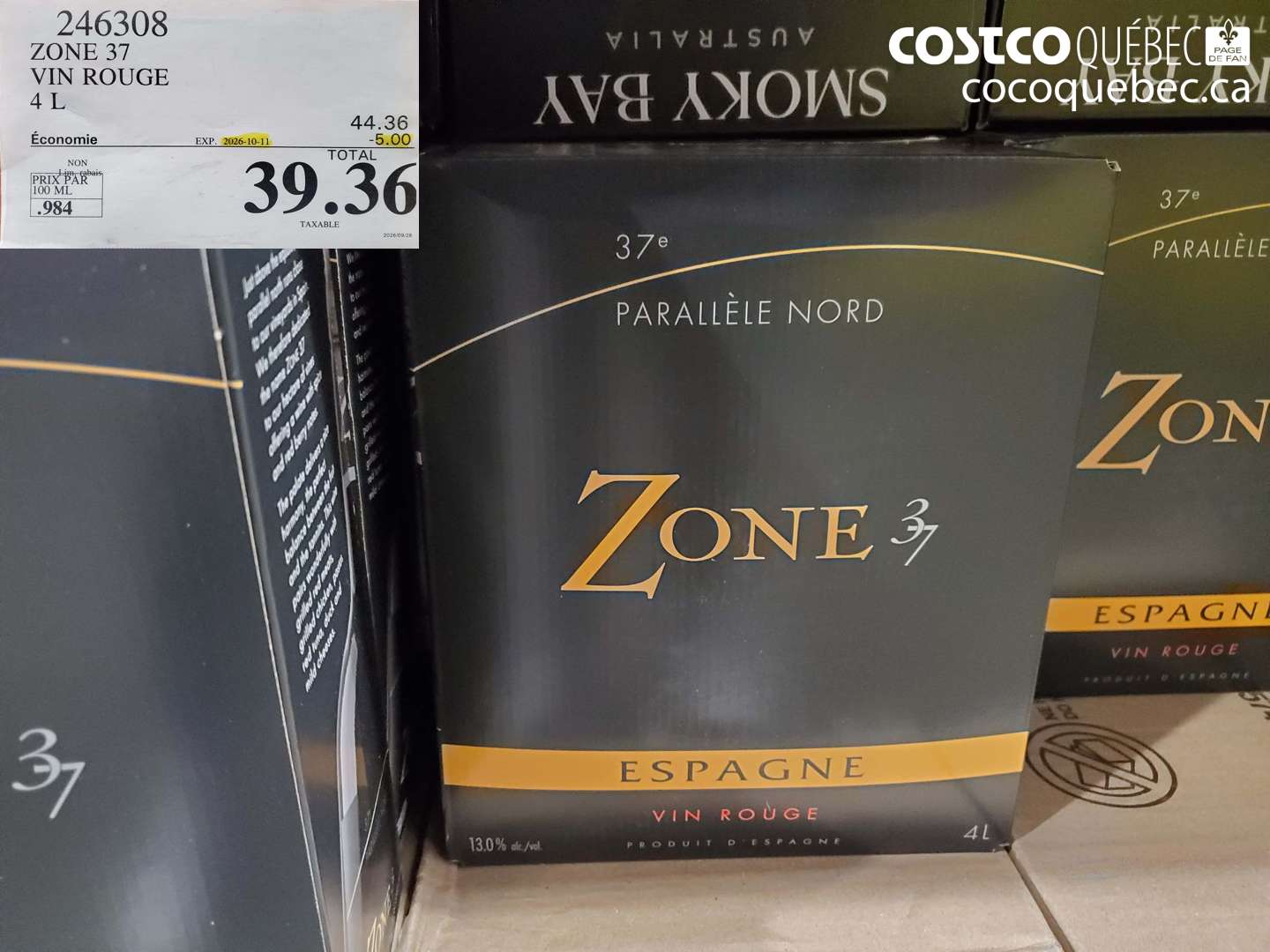246308 ZONE 37 VIN ROUGE 4 L ($5.00 INSTANT SAVINGS EXPIRES ON 2026-10-11) $39.36