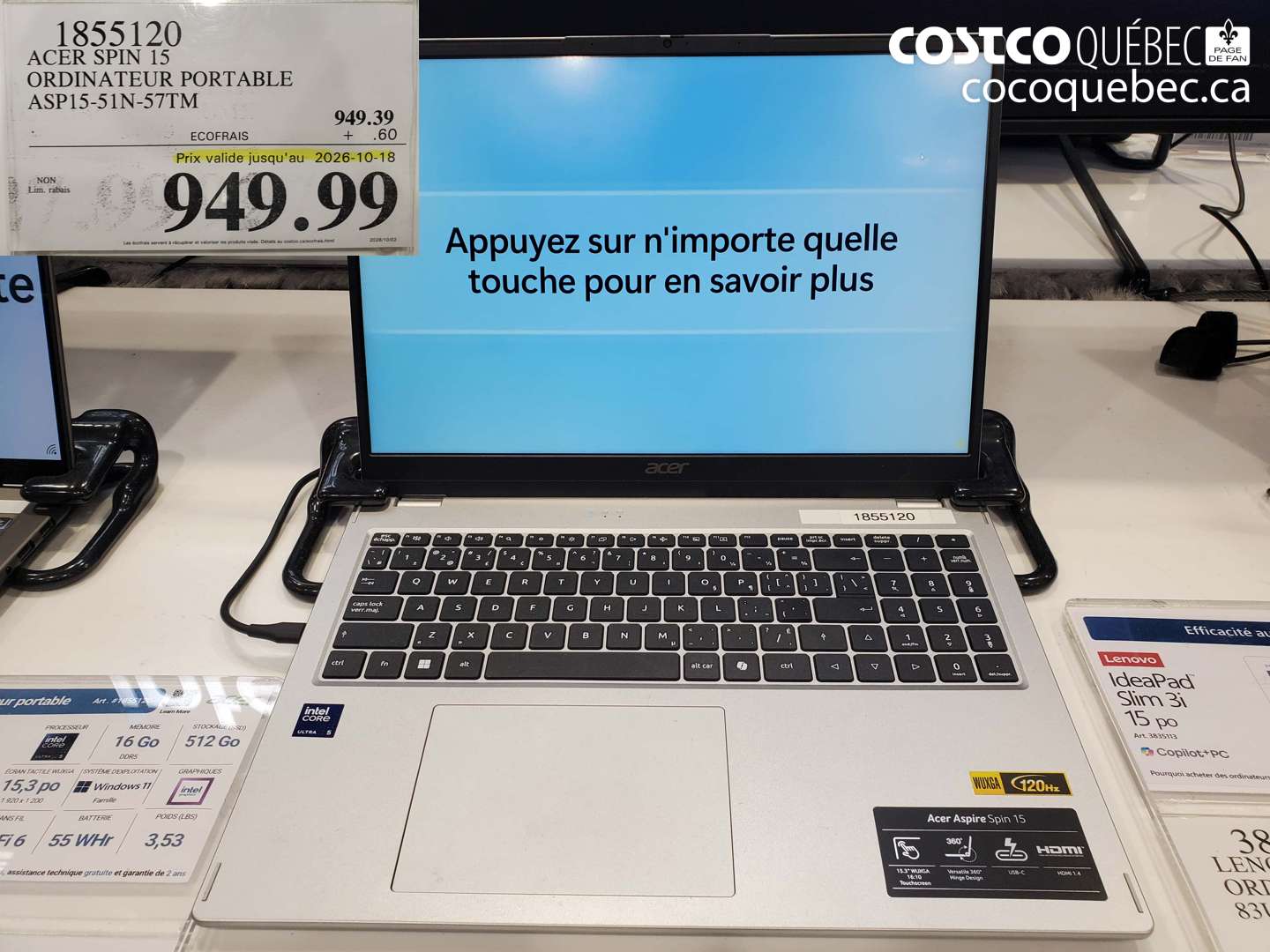 1855120 ACER SPIN 15 ORDINATEUR PORTABLE ASP15-51N-57TM (EXPIRES ON 2026-10-18) $949.99