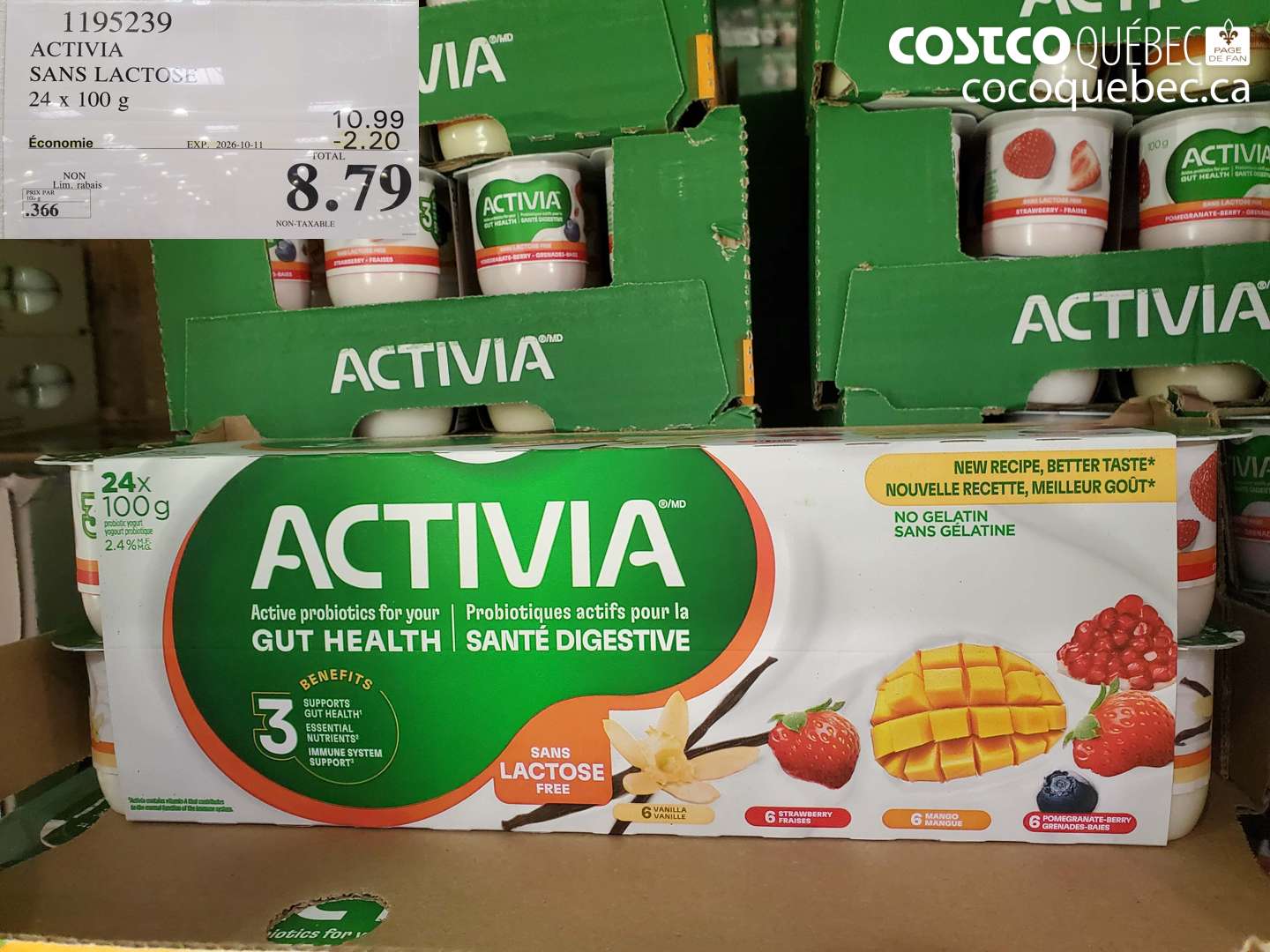 1195239 ACTIVIA SANS LACTOSE 24 X 100 G ($2.20 INSTANT SAVINGS EXPIRES ON 2026-10-11) $8.79