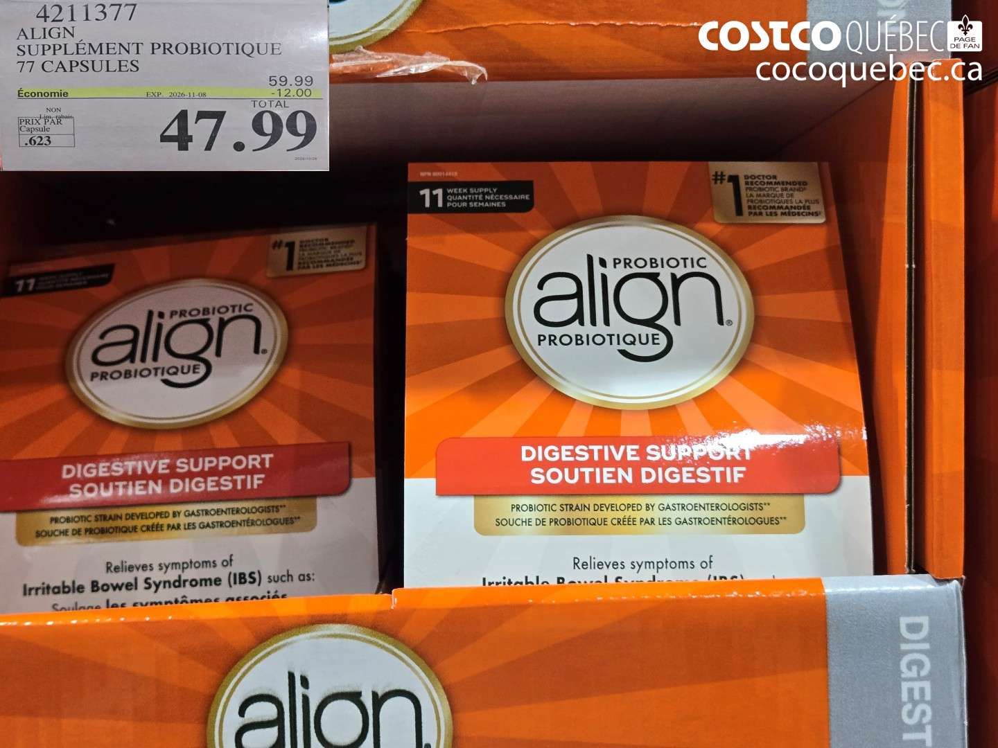 4211377 ALIGN SUPPLÉMENT PROBIOTIQUE 77 CAPSULES ($12.00 INSTANT SAVINGS EXPIRES ON 2026-11-08) $47.99