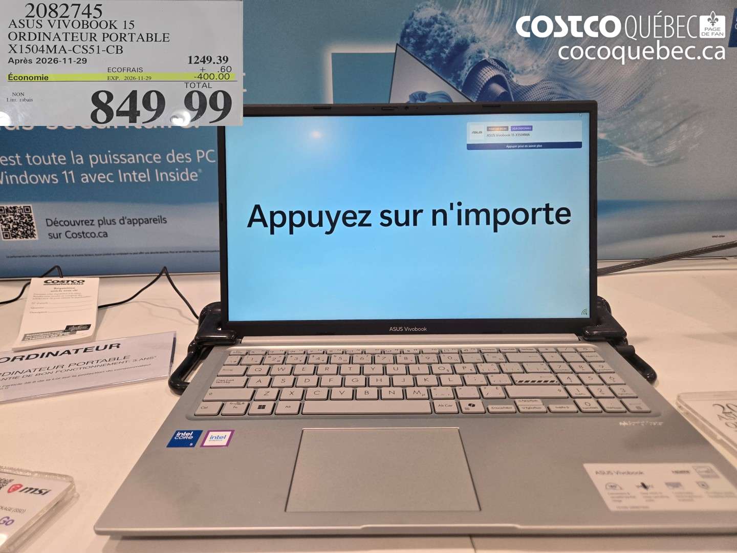 2082745 ASUS VIVOBOOK 15 ORDINATEUR PORTABLE X1504MA-CS51-CB ($400.00 INSTANT SAVINGS EXPIRES ON 2026-11-29) $849.99