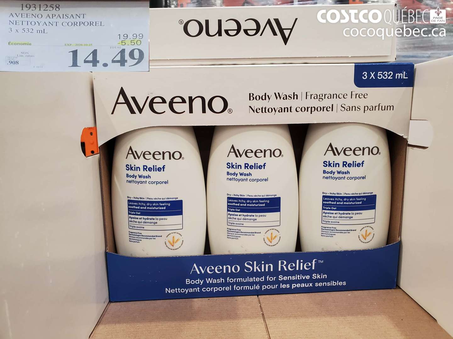 1931258 AVEENO APAISANT NETTOYANT CORPOREL ($5.50 INSTANT SAVINGS EXPIRES ON 2026-10-25) $14.49