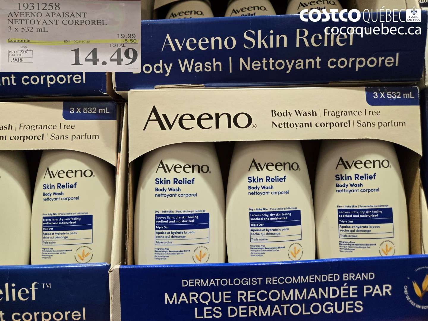 1931258 AVEENO APAISANT NETTOYANT CORPOREL ($5.50 INSTANT SAVINGS EXPIRES ON 2026-10-25) $14.49