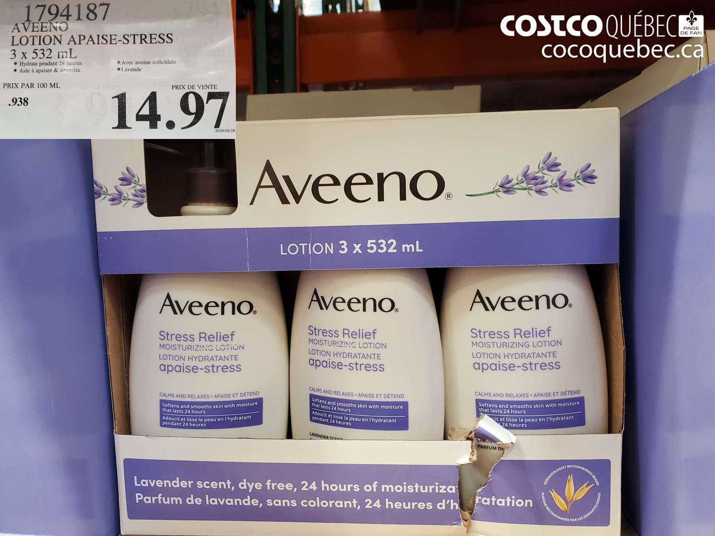 1794187 AVEENO LOTION APAISE-STRESS 3 X 532 ML $14.97