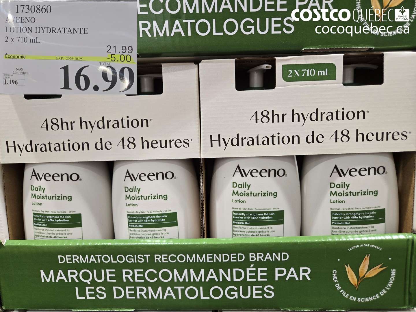 1730860 AVEENO LOTION HYDRATANTE 2 X 710 ML ($5.00 INSTANT SAVINGS EXPIRES ON 2026-10-25) $16.99