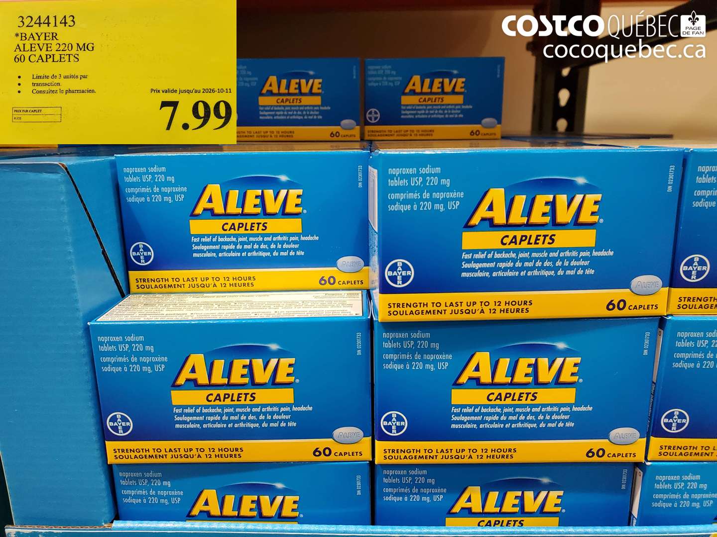3244143 BAYER ALEVE 220 MG 60 CAPLETS (EXPIRES ON 2026-10-11) $7.99