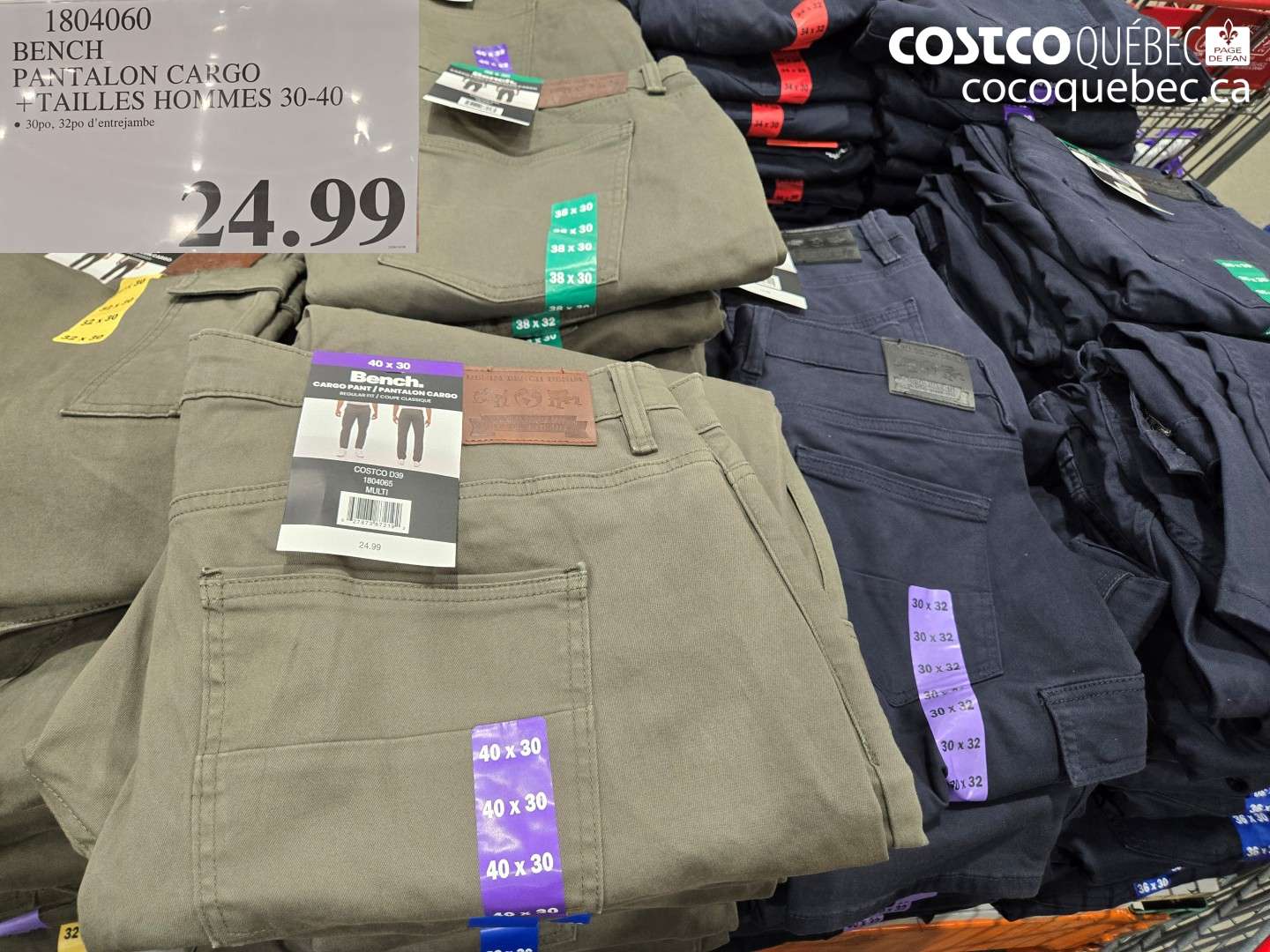 1804060 BENCH PANTALON CARGO TAILLES HOMMES 30-40 $24.99