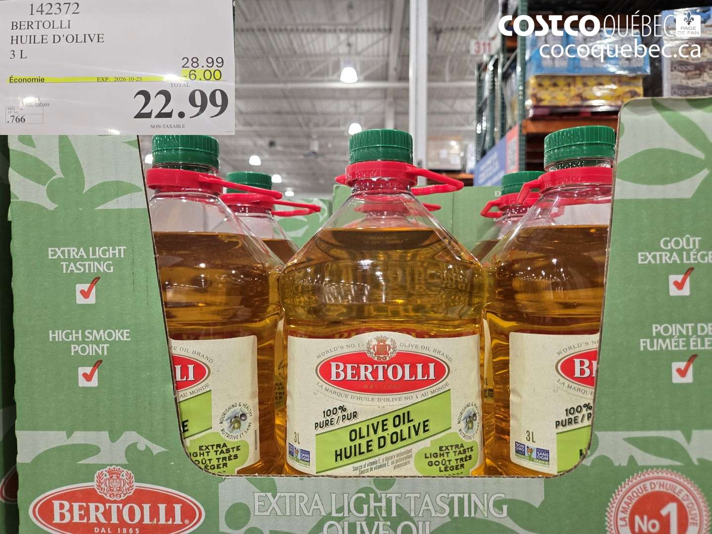 142372 BERTOLLI HUILE D'OLIVE 3 L ($6.00 INSTANT SAVINGS EXPIRES ON 2026-10-25) $22.99