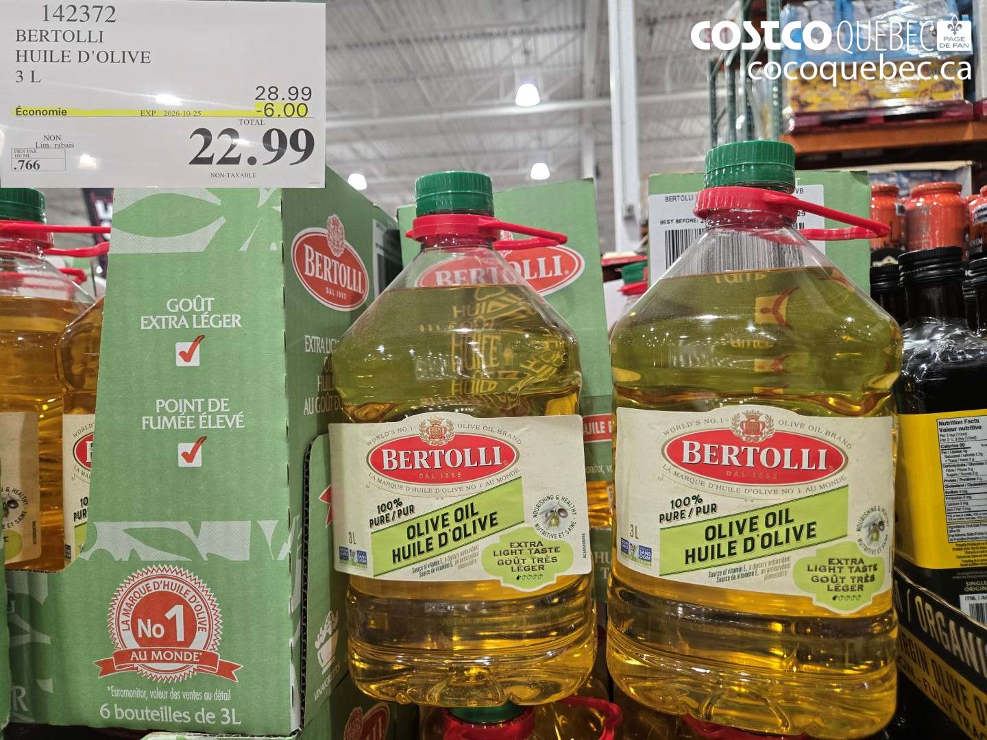 142372 BERTOLLI HUILE D'OLIVE 3 L ($6.00 INSTANT SAVINGS EXPIRES ON 2026-10-25) $22.99