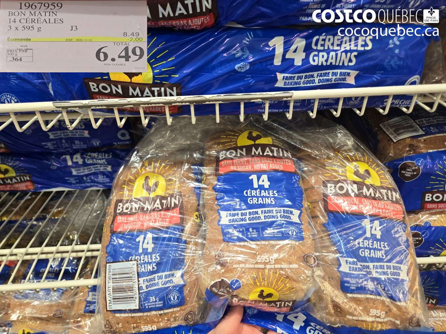 1967959 BON MATIN 14 CÉRÉALES 3 X 595 G ($2.00 INSTANT SAVINGS EXPIRES ON 2026-11-01) $6.49