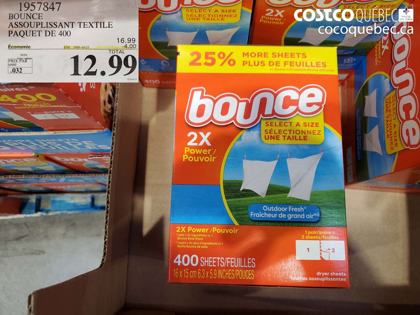 1957847 BOUNCE ASSOUPLISSANT TEXTILE PAQUET DE 400 ($4.00 INSTANT SAVINGS EXPIRES ON 2026-10-25) $12.99