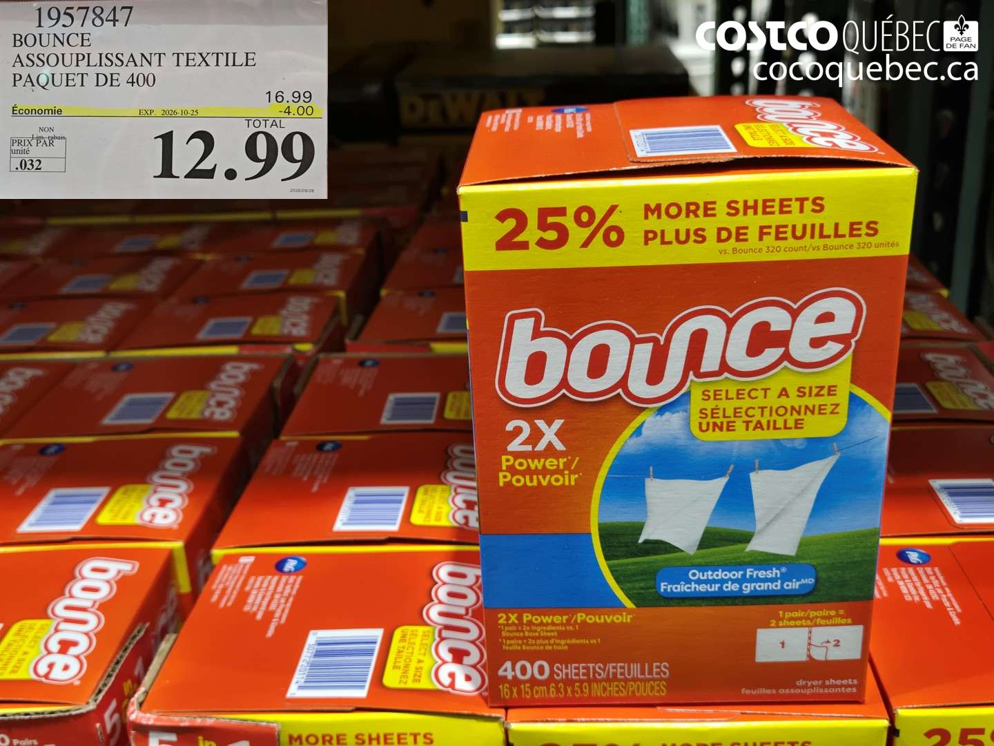 1957847 BOUNCE ASSOUPLISSANT TEXTILE PAQUET DE 400 ($4.00 INSTANT SAVINGS EXPIRES ON 2026-10-25) $12.99