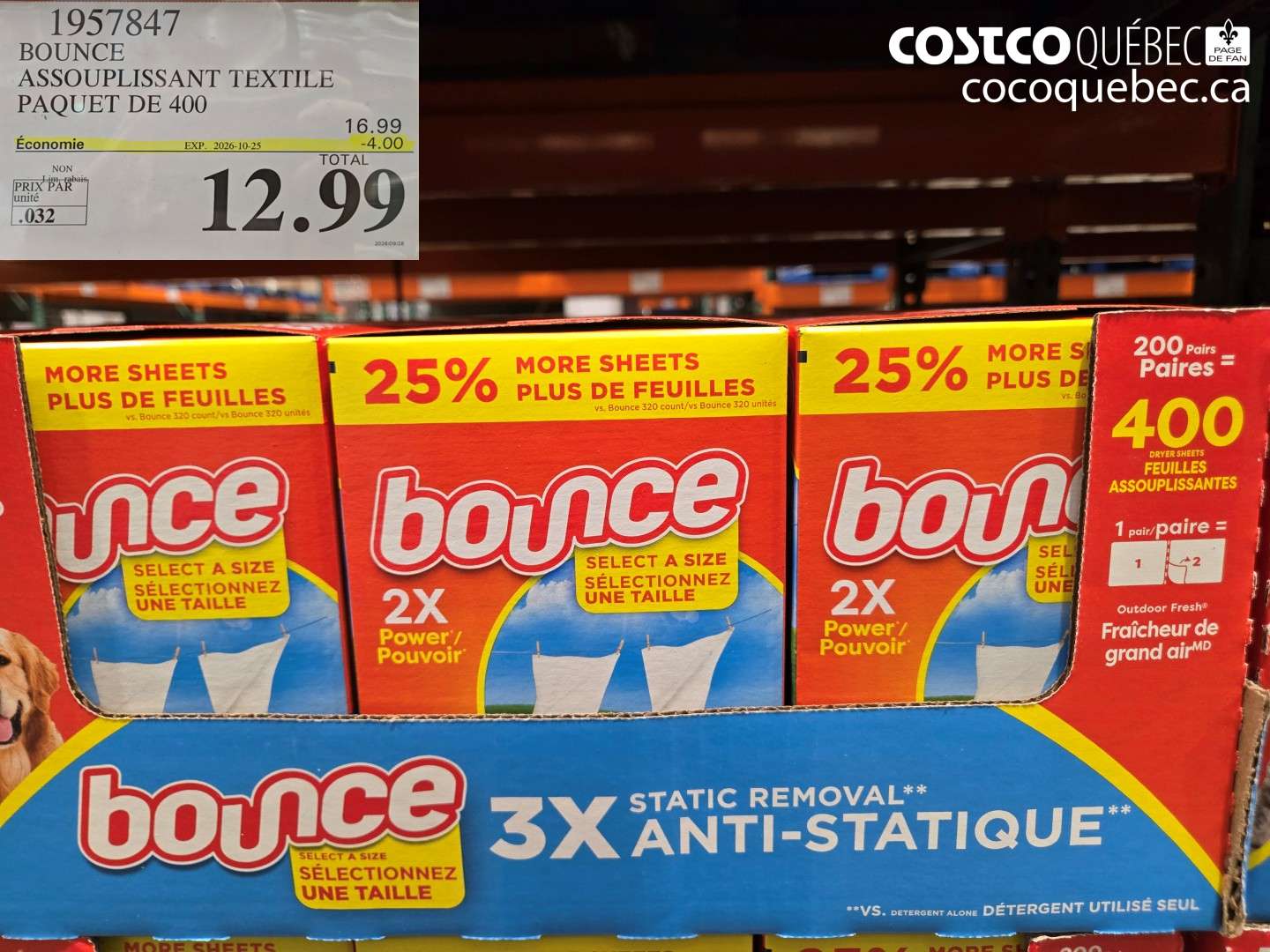 1957847 BOUNCE ASSOUPLISSANT TEXTILE PAQUET DE 400 ($4.00 INSTANT SAVINGS EXPIRES ON 2026-10-25) $12.99