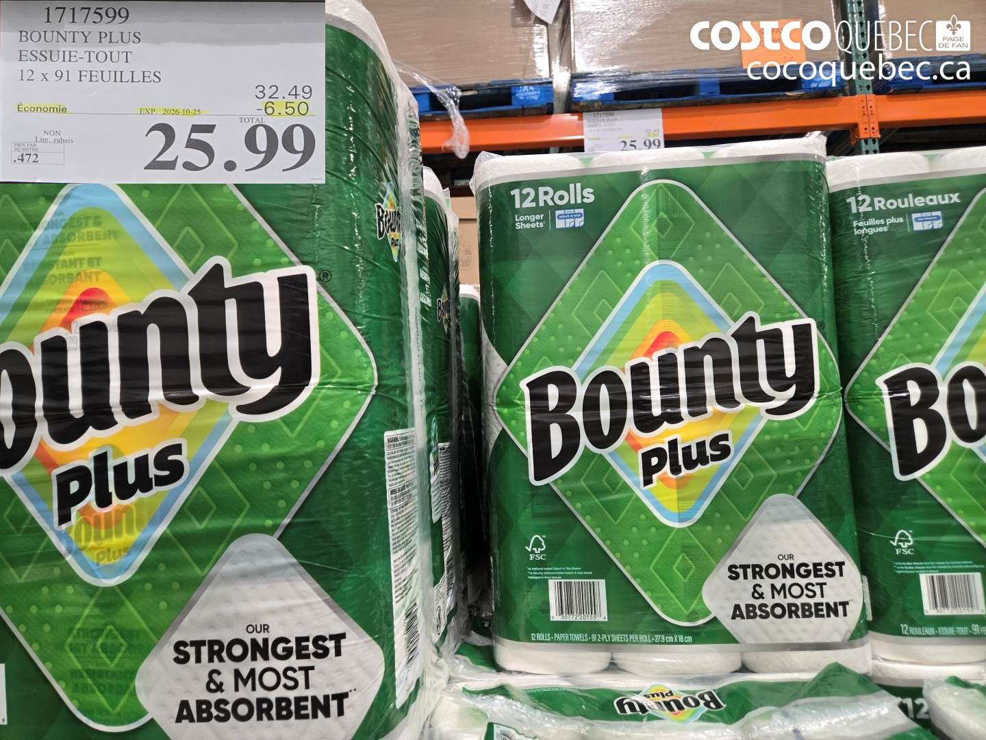 1717599 BOUNTY PLUS ESSUIE-TOUT 12 X 91 FEUILLES ($6.50 INSTANT SAVINGS EXPIRES ON 2026-10-25) $25.99