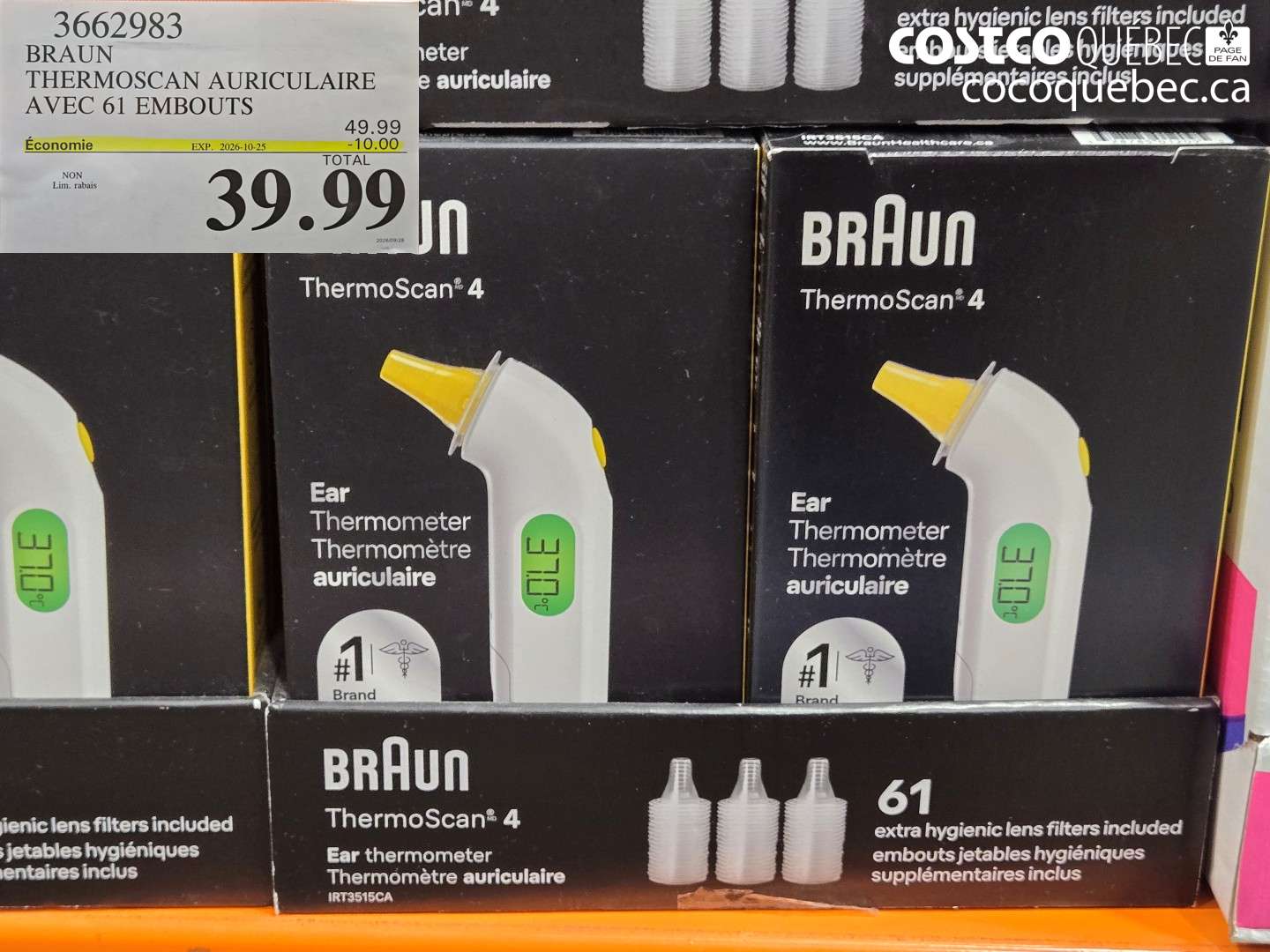 3662983 BRAUN THERMOSCAN AURICULAIRE AVEC 61 EMBOUTS ($10.00 INSTANT SAVINGS EXPIRES ON 2026-10-25) $39.99