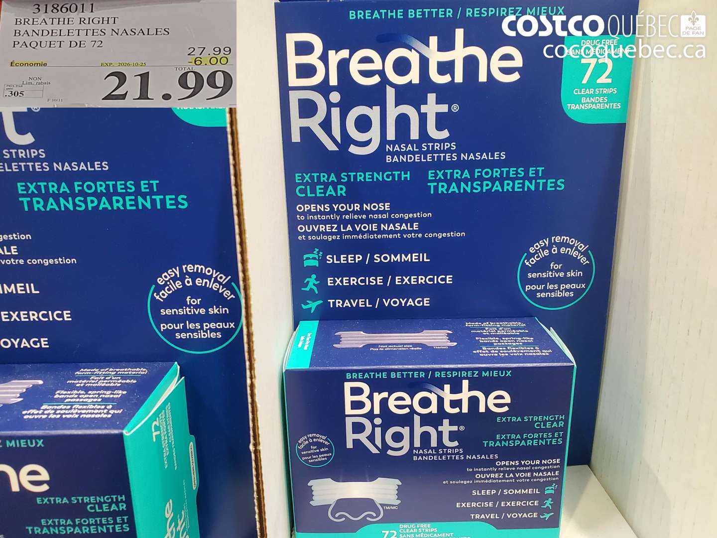 3186011 BREATHE RIGHT BANDELETTES NASALES PAQUET DE 72 ($6.00 INSTANT SAVINGS EXPIRES ON 2026-10-25) $21.99