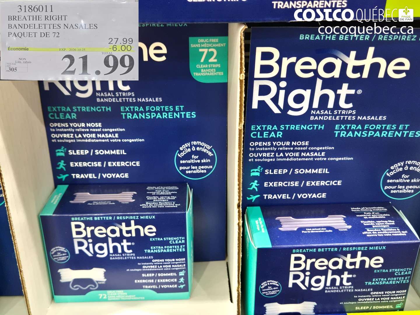 3186011 BREATHE RIGHT BANDELETTES NASALES PAQUET DE 72 ($6.00 INSTANT SAVINGS EXPIRES ON 2026-10-25) $21.99