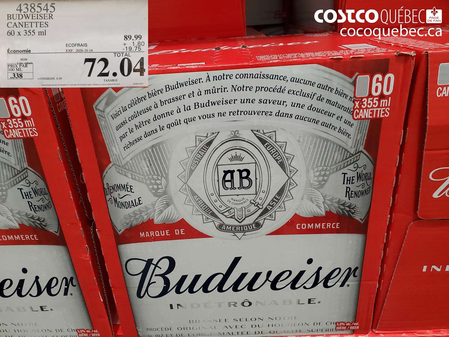 438545 BUDWEISER CANETTES ($19.75 INSTANT SAVINGS EXPIRES ON 2026-10-14) $72.04