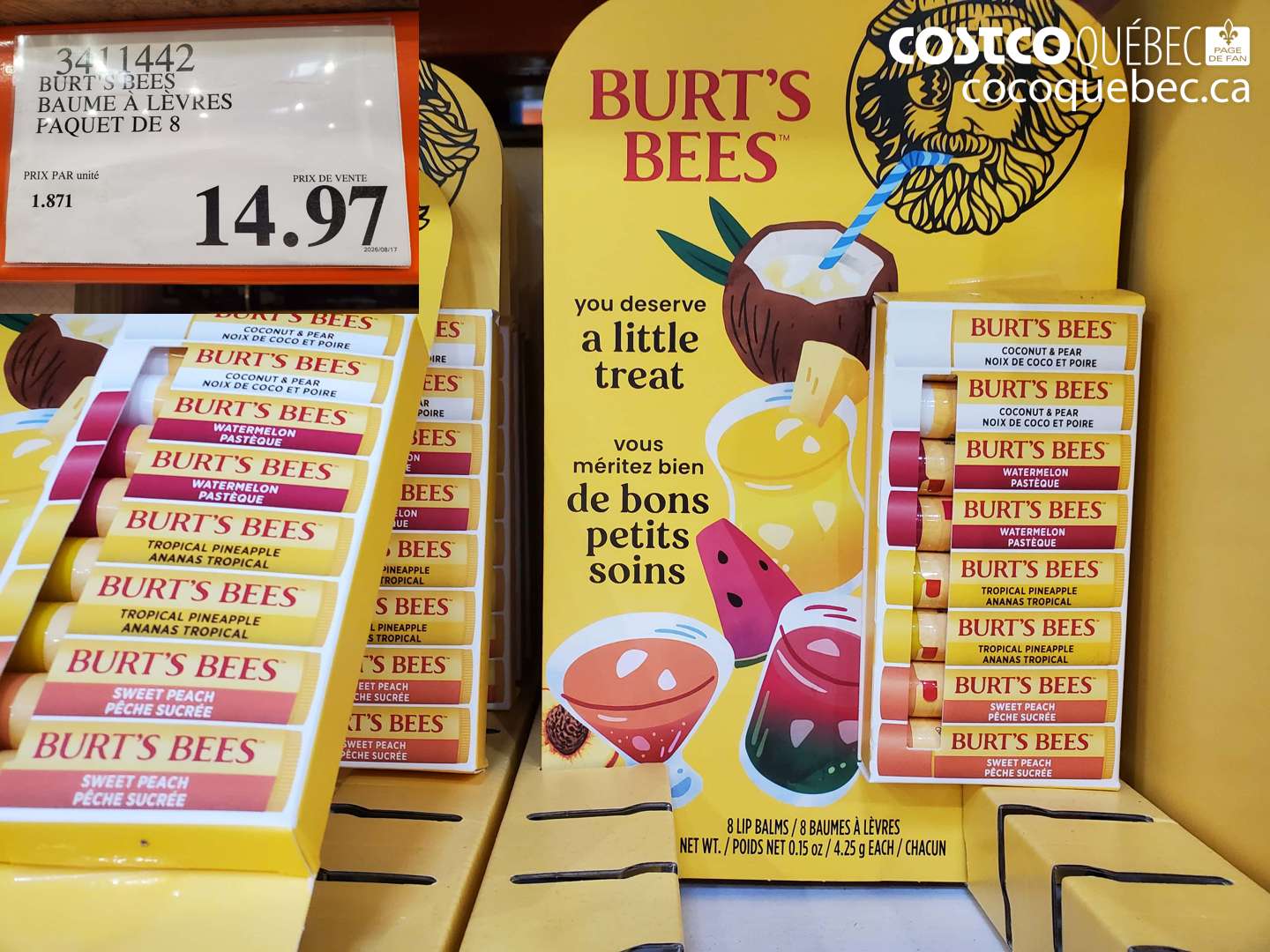 3411442 BURT'S BEES BAUME À LÈVRES PAQUET DE 8 $14.97