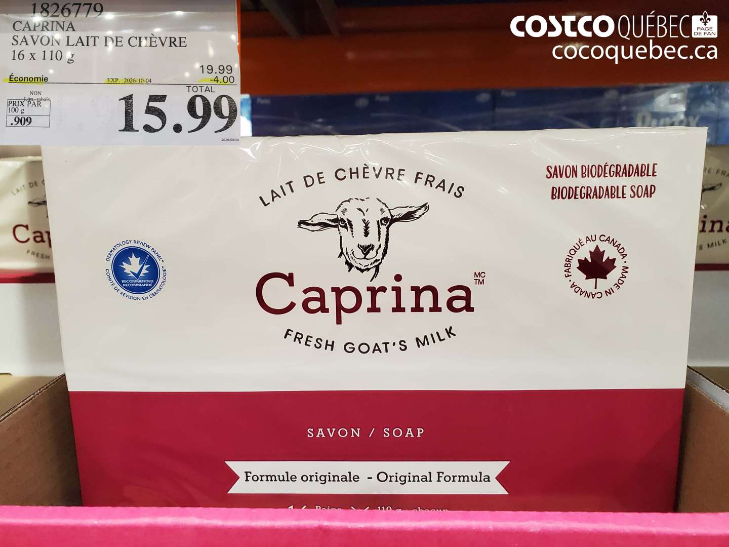 1826779 CAPRINA SAVON LAIT DE CHÈVRE 16 X 110 G ($4.00 INSTANT SAVINGS EXPIRES ON 2026-10-04) $15.99
