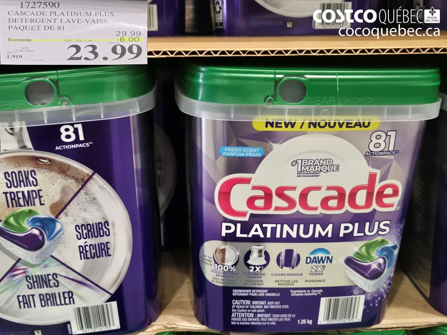 1727590 CASCADE PLATINUM PLUS DETERGENT LAVE-VAISS. PAQUET DE 81 ($6.00 INSTANT SAVINGS EXPIRES ON 2026-11-08) $23.99