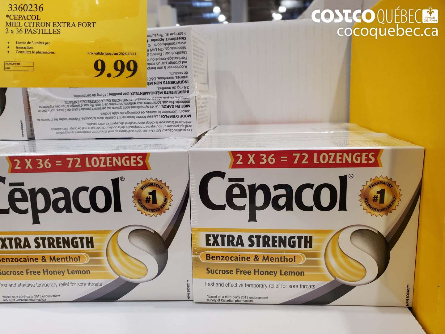 3360236 CEPACOL MIEL CITRON EXTRA FORT 2 X 36 PASTILLES (EXPIRES ON 2026-10-11) $9.99