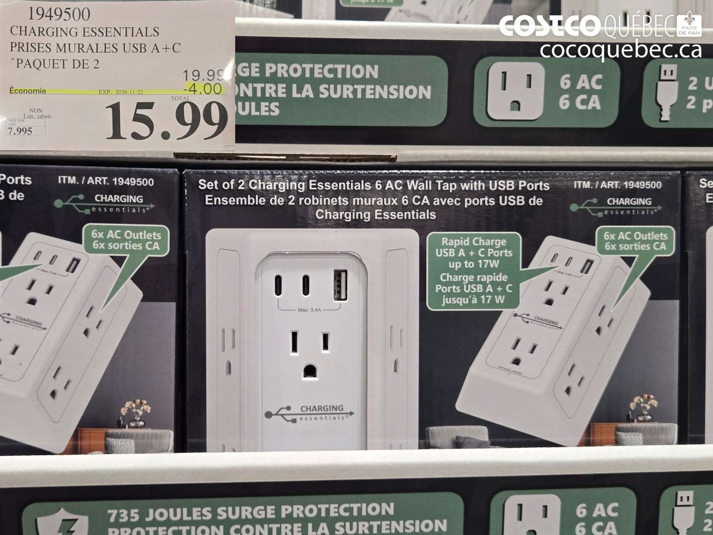 1949500 CHARGING ESSENTIALS PRISES MURALES USB A+C ($4.00 INSTANT SAVINGS EXPIRES ON 2026-11-22) $15.99
