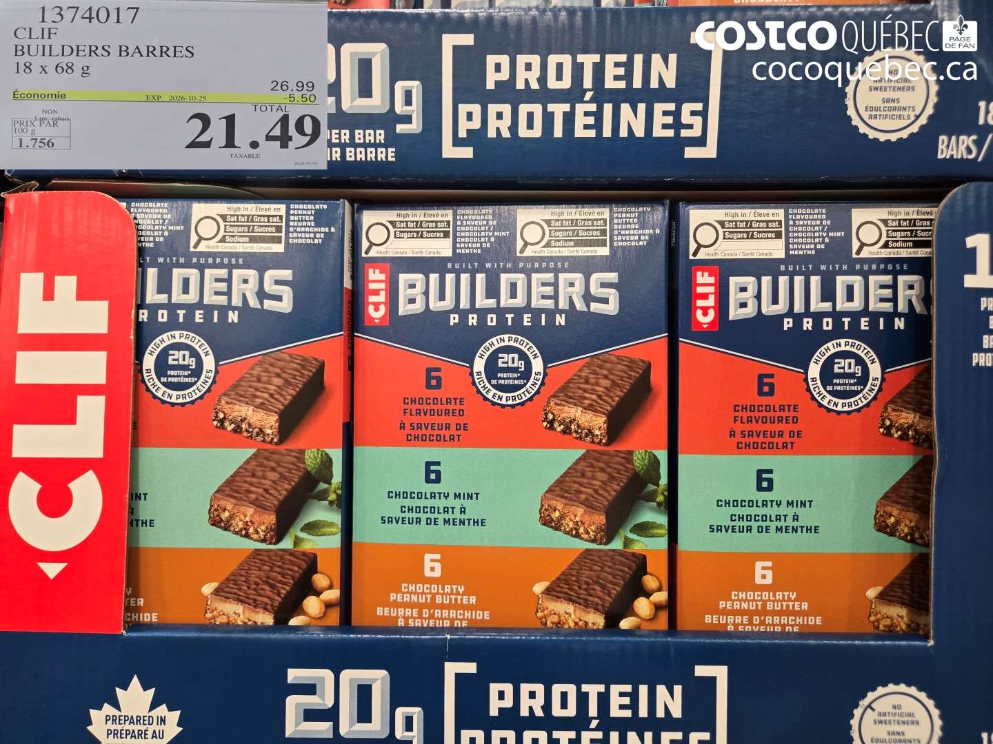 1374017 CLIF BUILDERS BARRES 18 X 68 G ($5.50 INSTANT SAVINGS EXPIRES ON 2026-10-25) $21.49