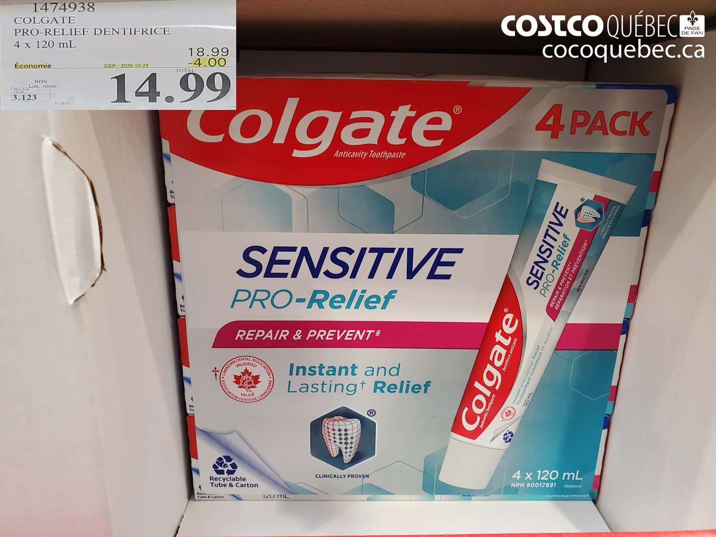 1474938 COLGATE PRO-RELIEF DENTIFRICE 4 X 120 ML ($4.00 INSTANT SAVINGS EXPIRES ON 2026-10-25) $14.99