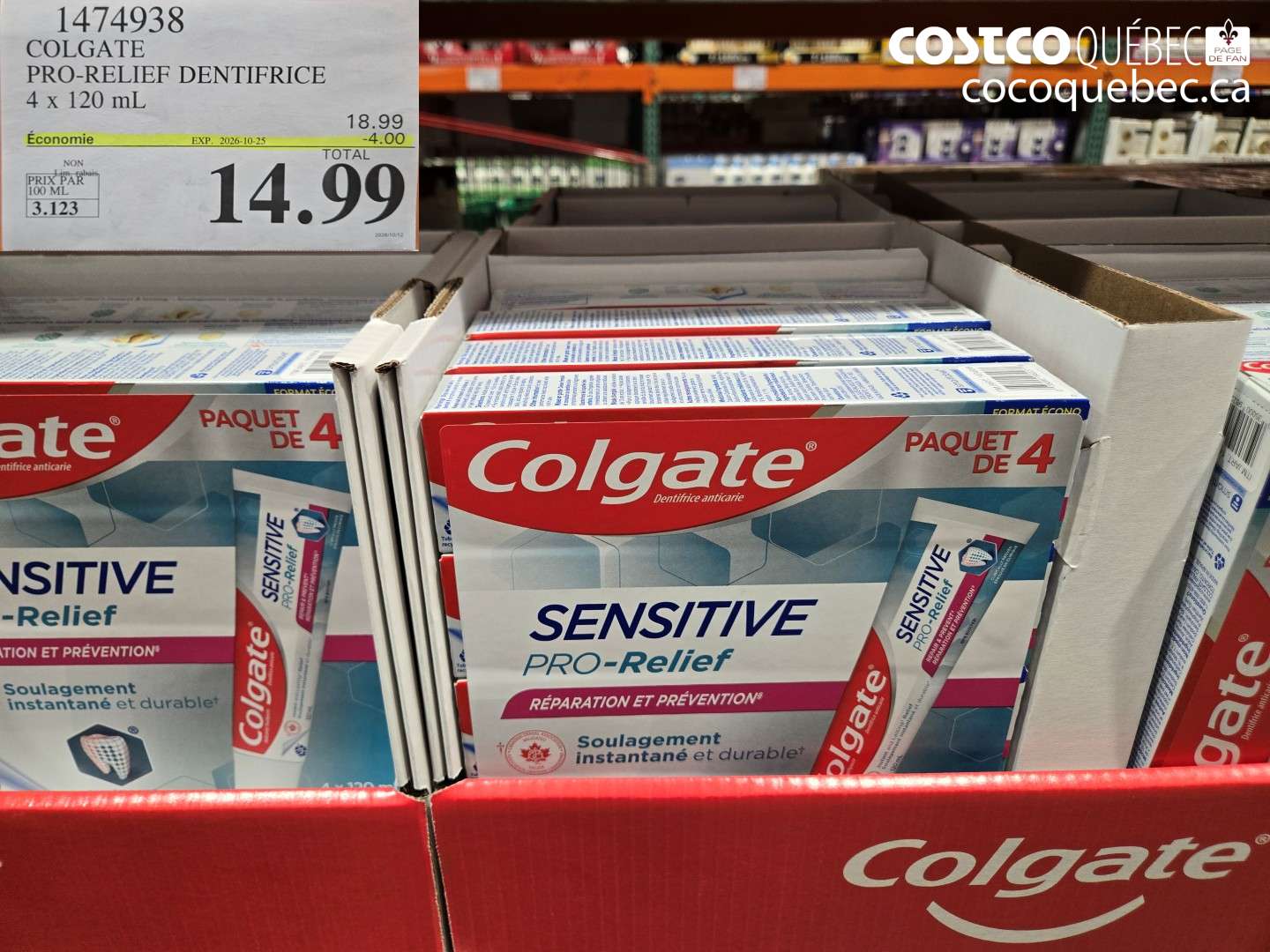 1474938 COLGATE PRO-RELIEF DENTIFRICE 4 X 120 ML ($4.00 INSTANT SAVINGS EXPIRES ON 2026-10-25) $14.99