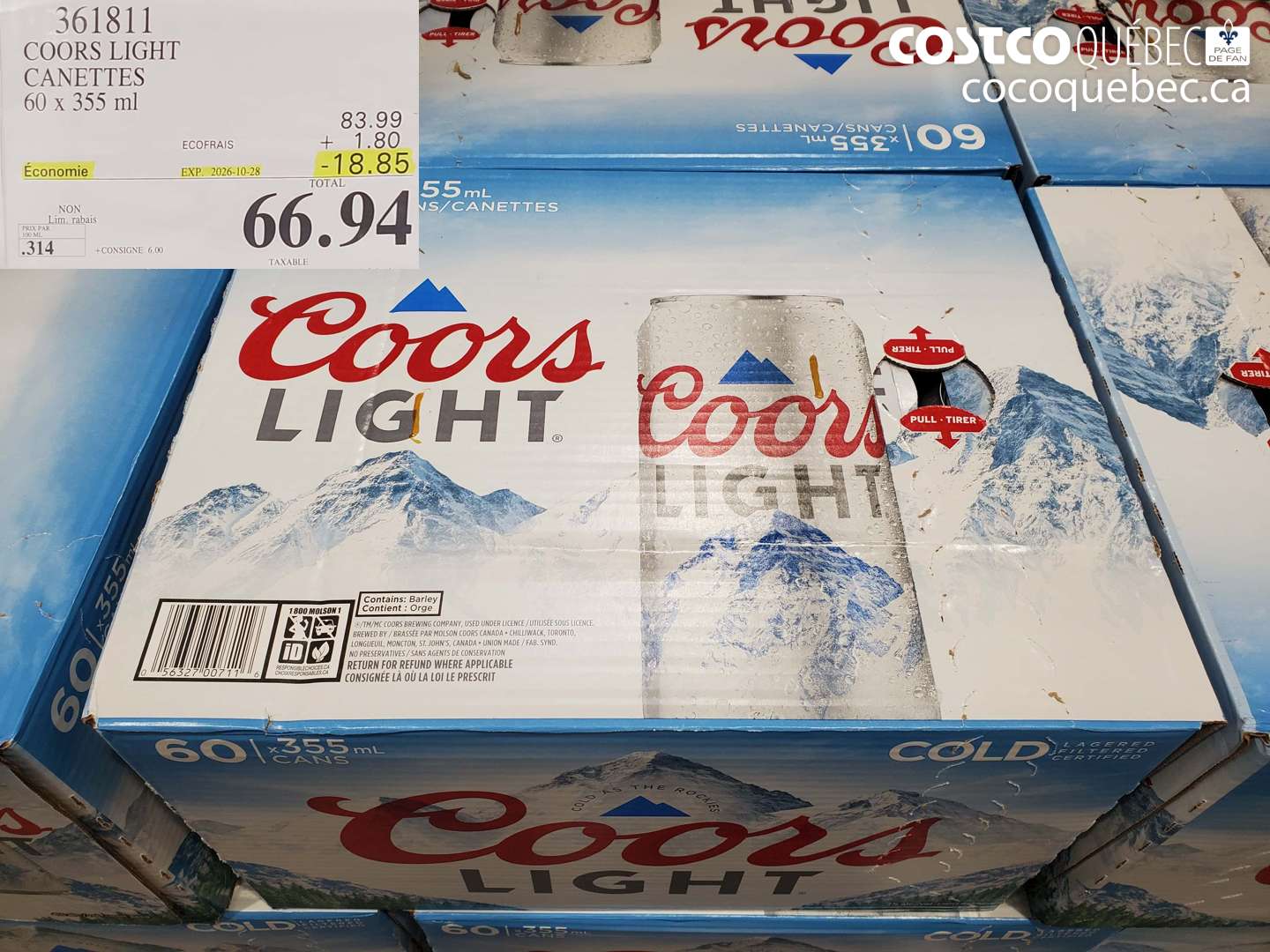 361811 COORS LIGHT CANETTES ($18.85 INSTANT SAVINGS EXPIRES ON 2026-10-28) $66.94
