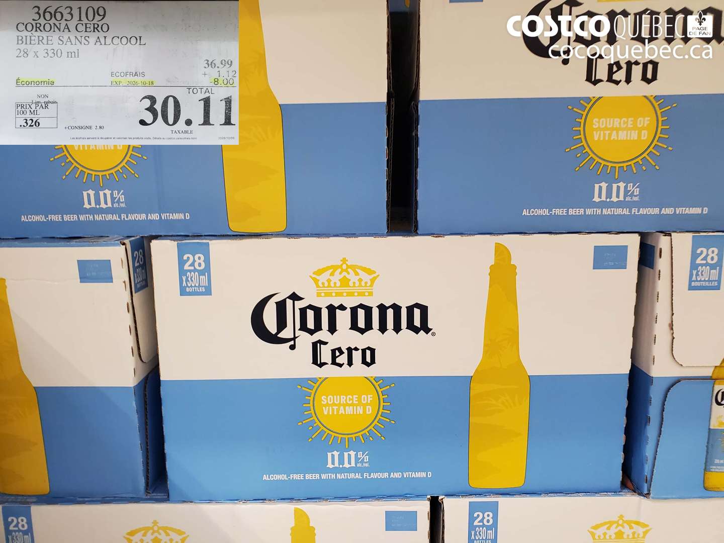 3663109 CORONA CERO BIÈRE SANS ALCOOL 28 X 330 ML ($8.00 INSTANT SAVINGS EXPIRES ON 2026-10-18) $30.11
