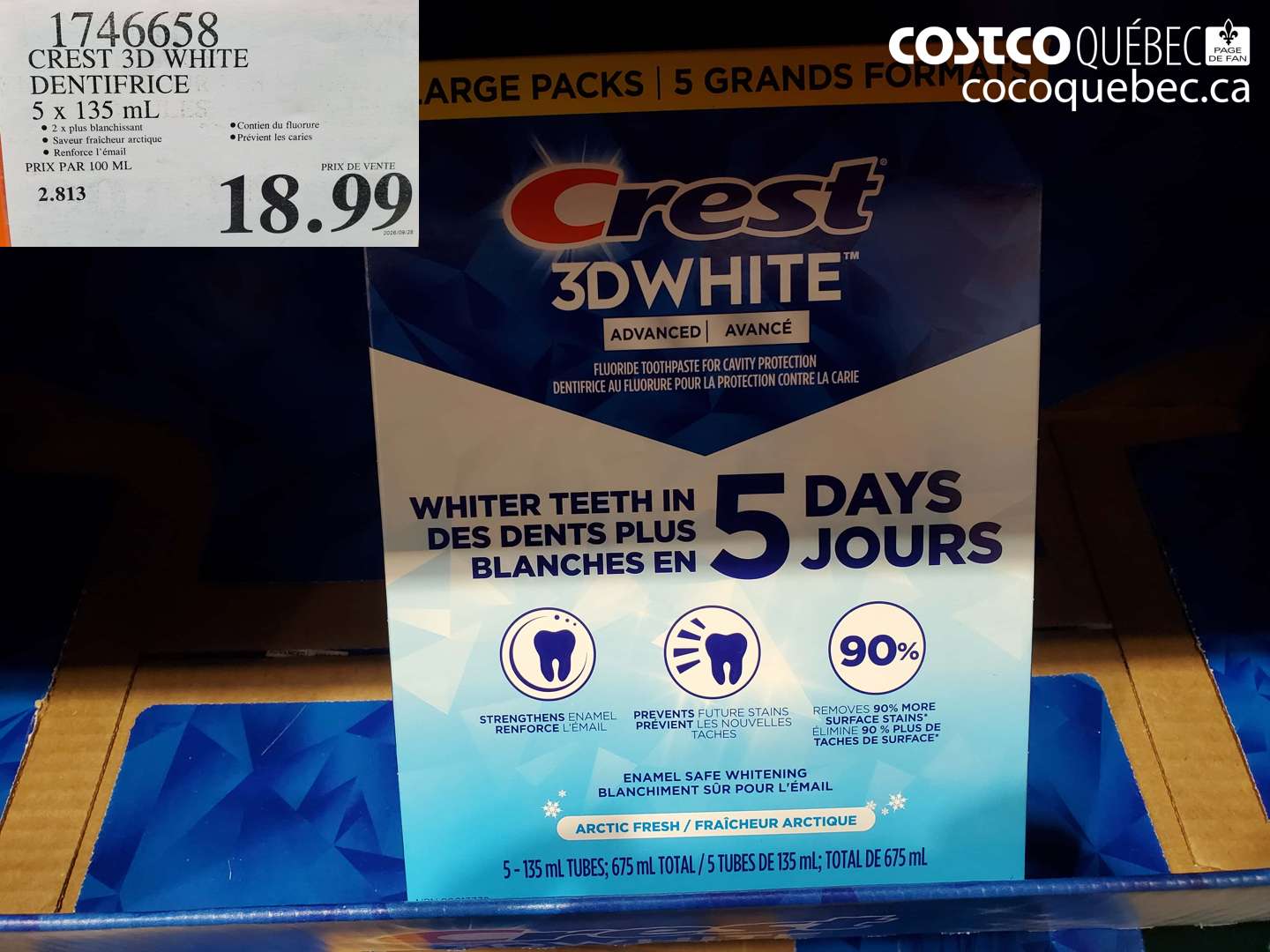 1746658 CREST 3D WHITE DENTIFRICE 5 X 135 ML $18.99