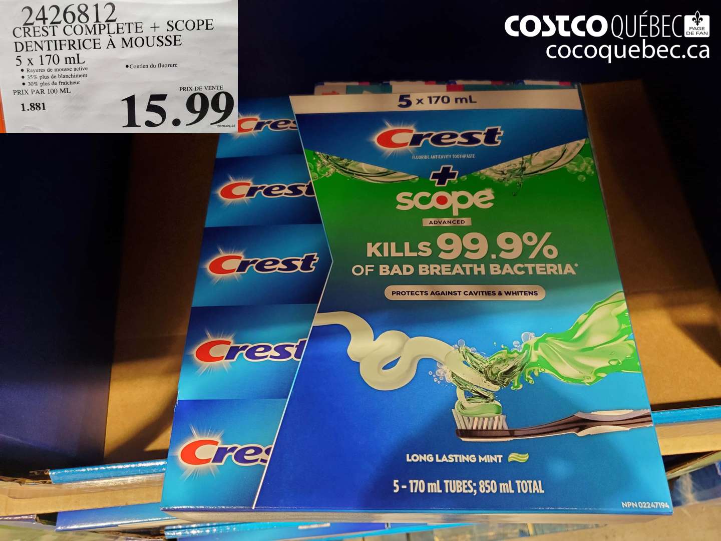 2426812 CREST COMPLETE + SCOPE DENTIFRICE À MOUSSE 5 X 170 ML $15.99
