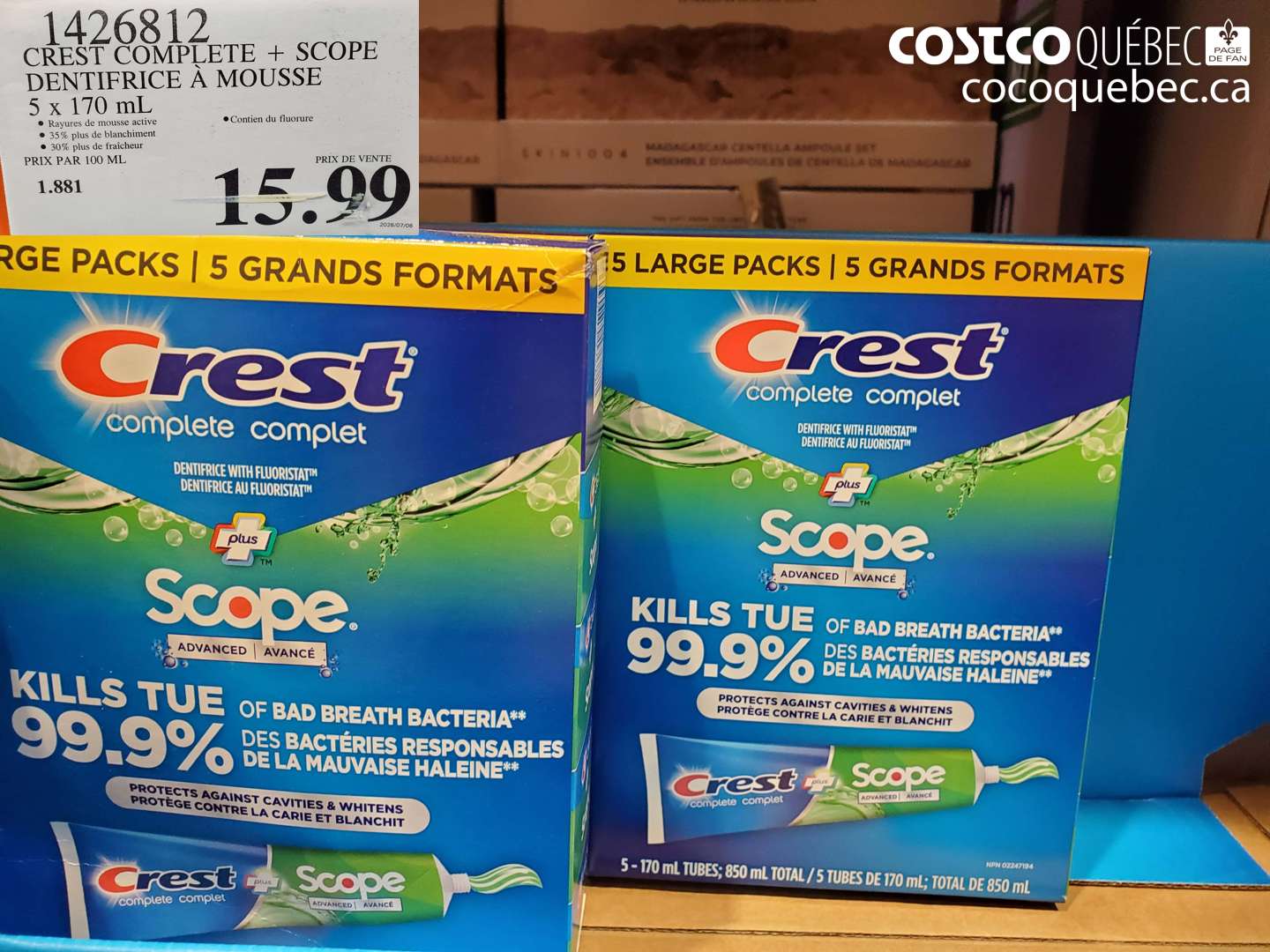 1426812 CREST COMPLETE + SCOPE DENTIFRICE À MOUSSE 5 X 170 ML $15.99