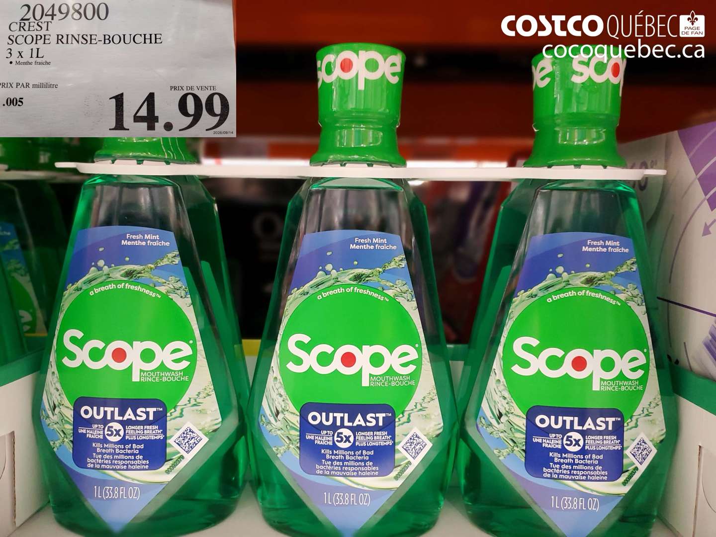 2049800 CREST SCOPE RINSE-BOUCHE 3 X 1L $14.99