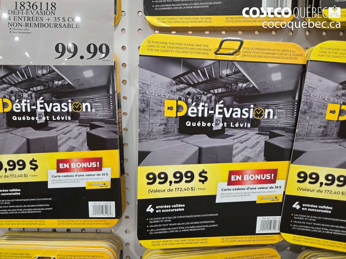 1836118 DEFI-EVASION 4 ENTRÉES + 35 $ CC NON-REMBOURSABLE $99.99