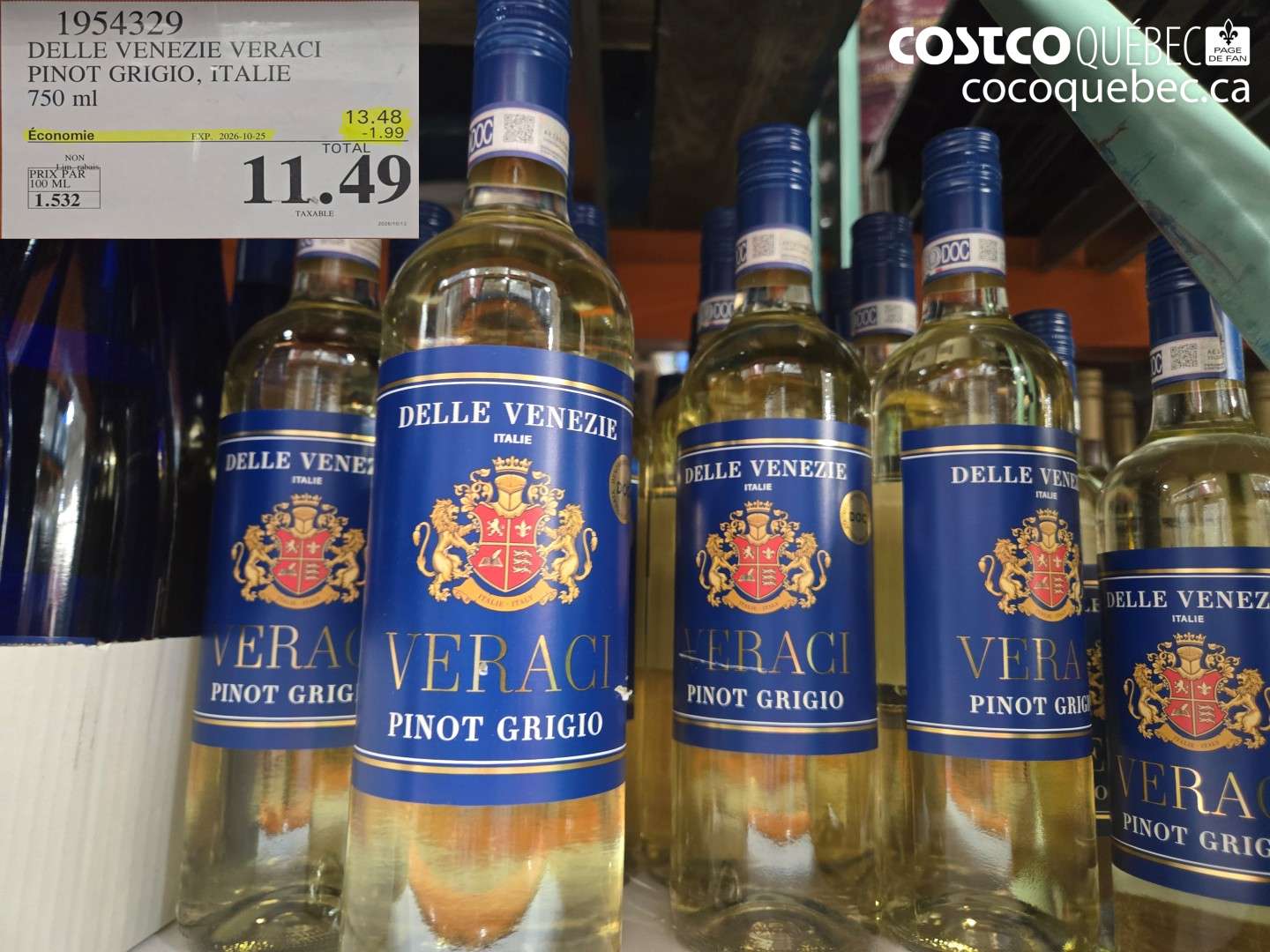 1954329 DELLE VENEZIE VERACI PINOT GRIGIO, ITALIE 750 ML ($1.99 INSTANT SAVINGS EXPIRES ON 2026-10-25) $11.49