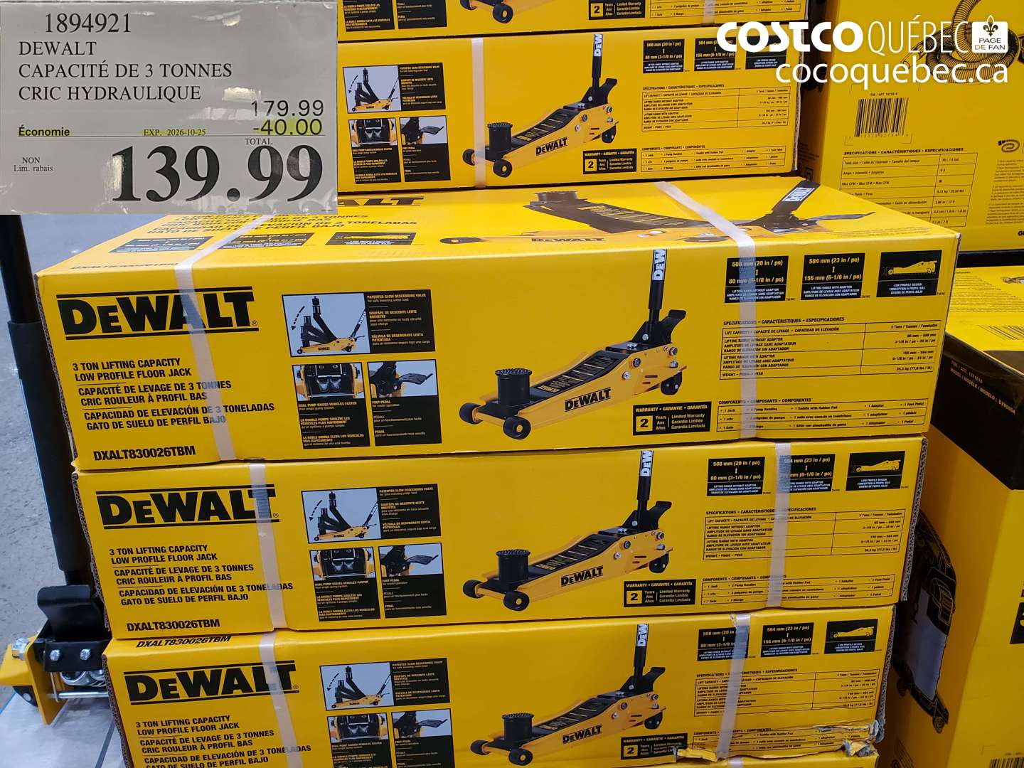 1894921 DEWALT CAPACITÉ DE 3 TONNES CRIC HYDRAULIQUE ($40.00 INSTANT SAVINGS EXPIRES ON 2026-10-25) $139.99