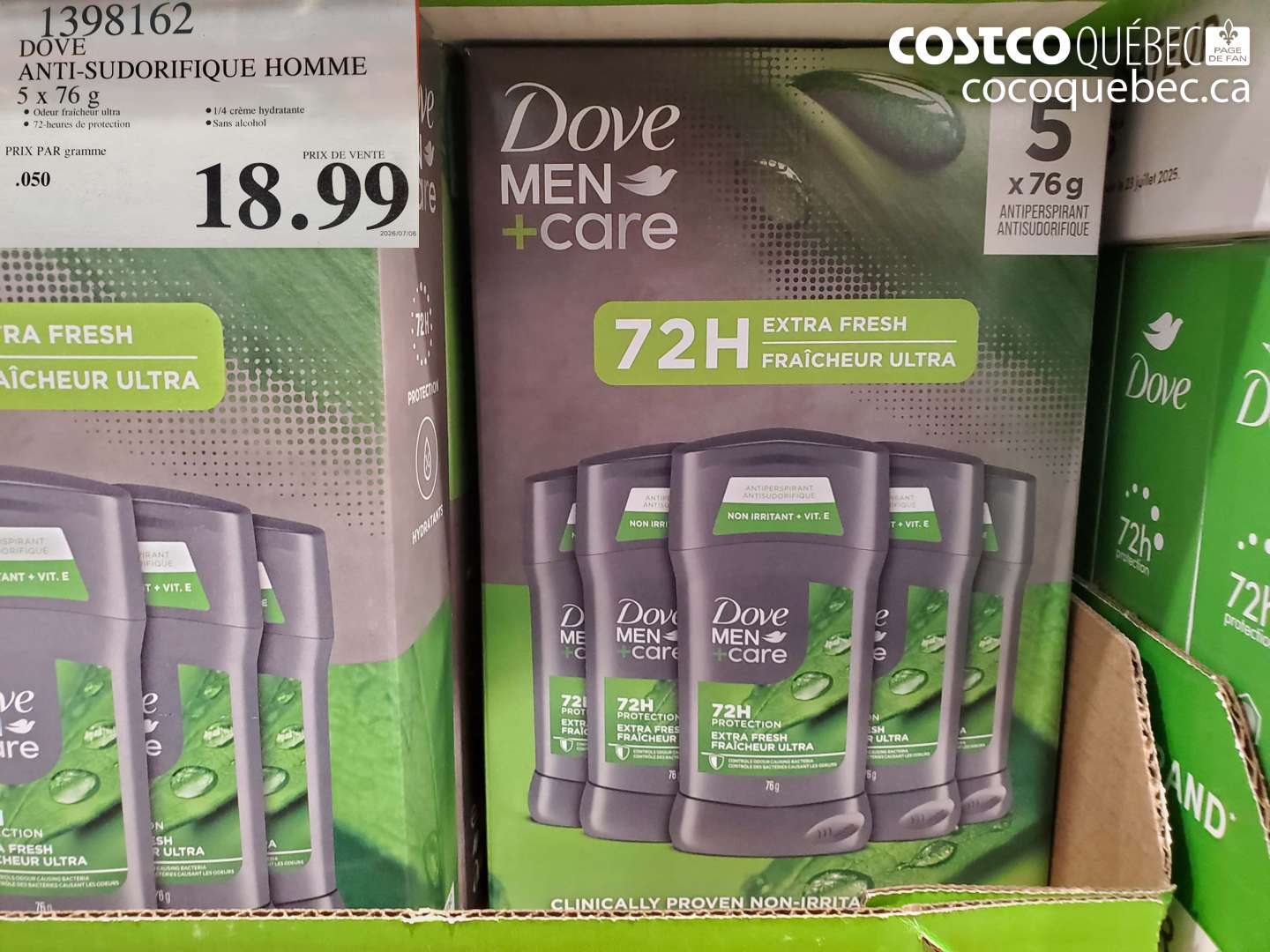 1398162 DOVE ANTI-SUDORIFIQUE HOMME 5 X 76 G $18.99