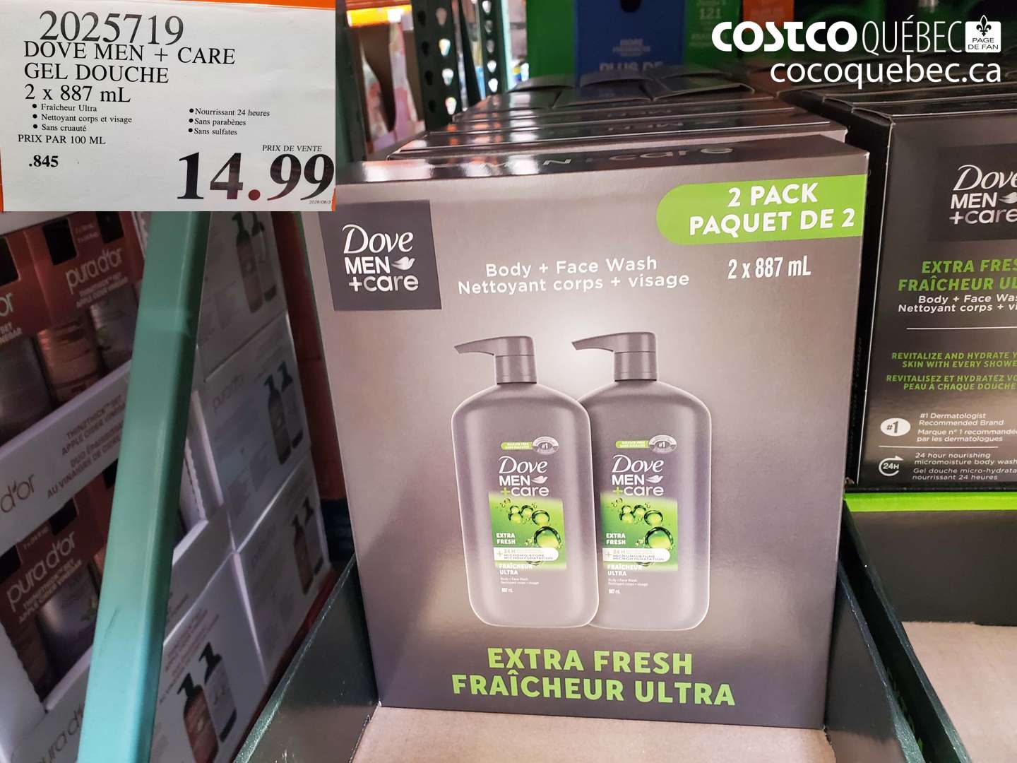 2025719 DOVE MEN + CARE GEL DOUCHE 2 X 887 ML $14.99