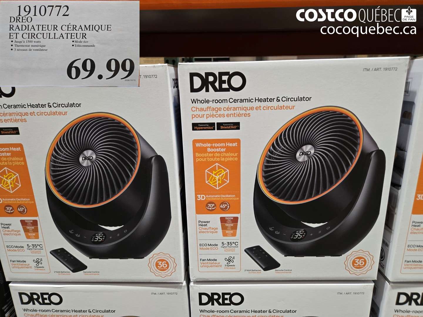 1910772 DREO RADIATEUR CÉRAMIQUE ET CIRCULATEUR $69.99