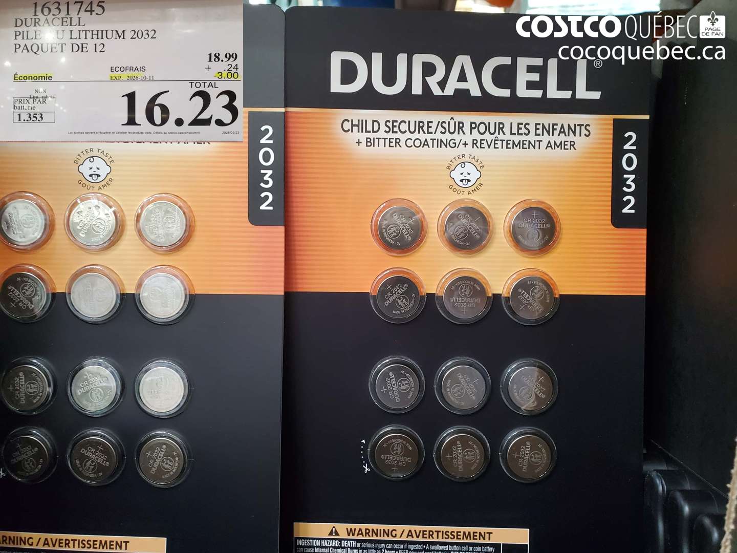 1631745 DURACELL PILE AU LITHIUM 2032 PAQUET DE 12 ($3.00 INSTANT SAVINGS EXPIRES ON 2026-10-11) $16.23