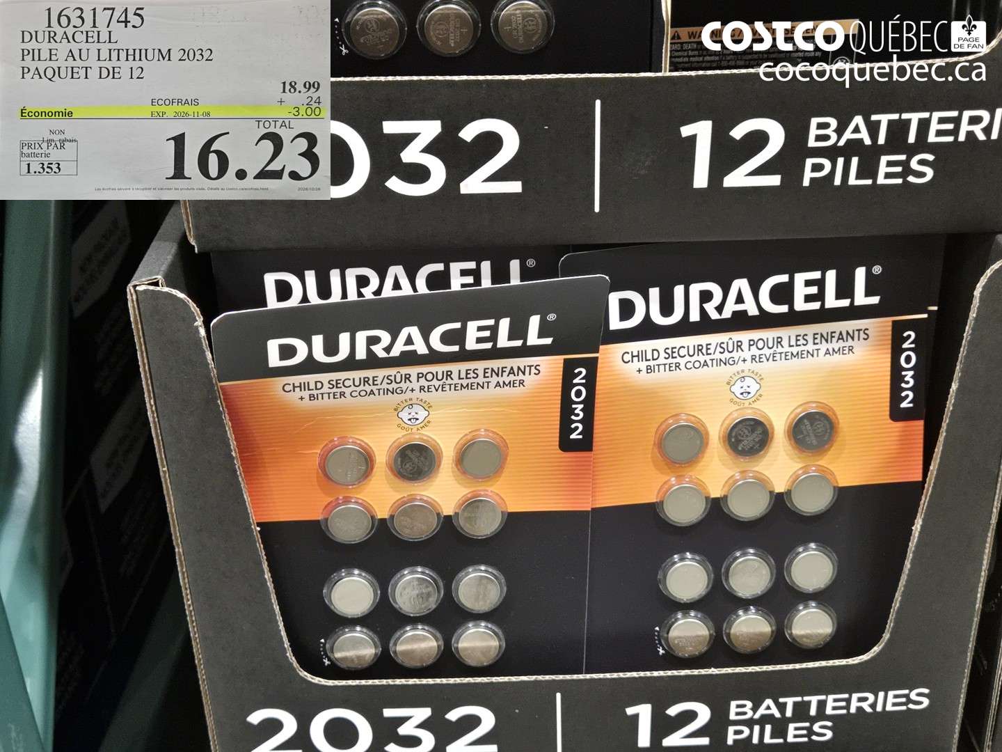 1631745 DURACELL PILE AU LITHIUM 2032 PAQUET DE 12 ($3.00 INSTANT SAVINGS EXPIRES ON 2026-11-08) $16.23